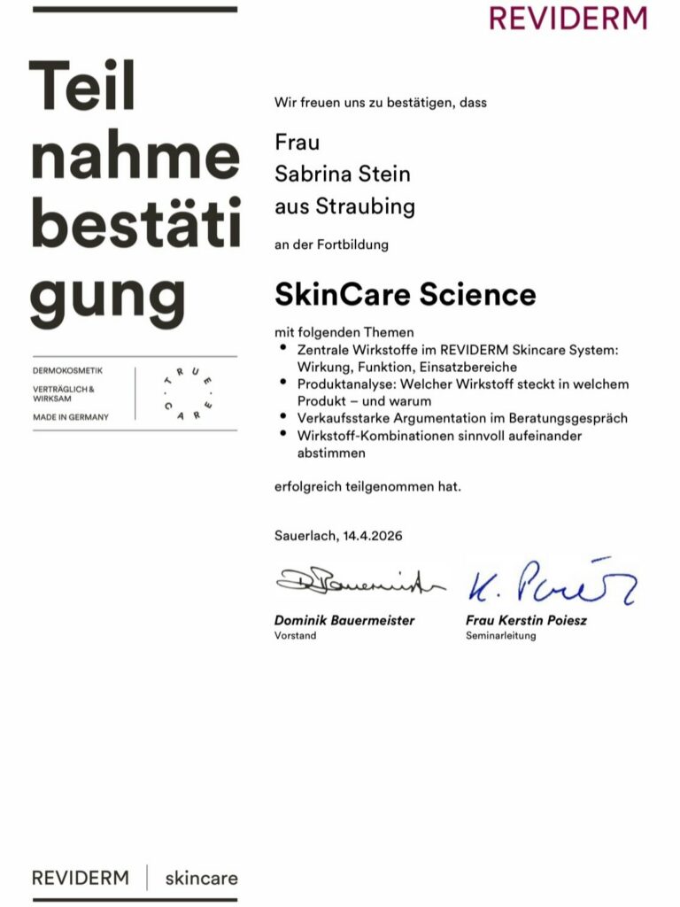 Teilnahmebestätigung REVIDERM SkinCare Science für Sabrina Stein, Medical Beauty Melanie Dengler Straubing, April 2026