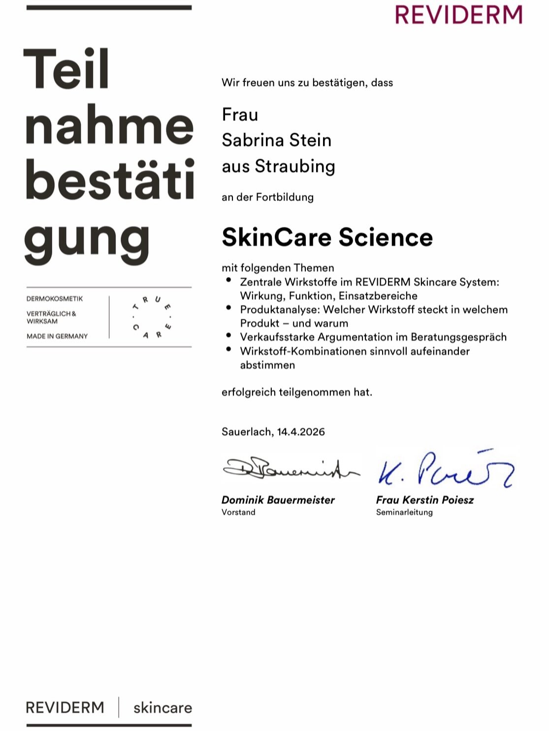 Teilnahmebestätigung REVIDERM SkinCare Science für Sabrina Stein, Medical Beauty Melanie Dengler Straubing, April 2026